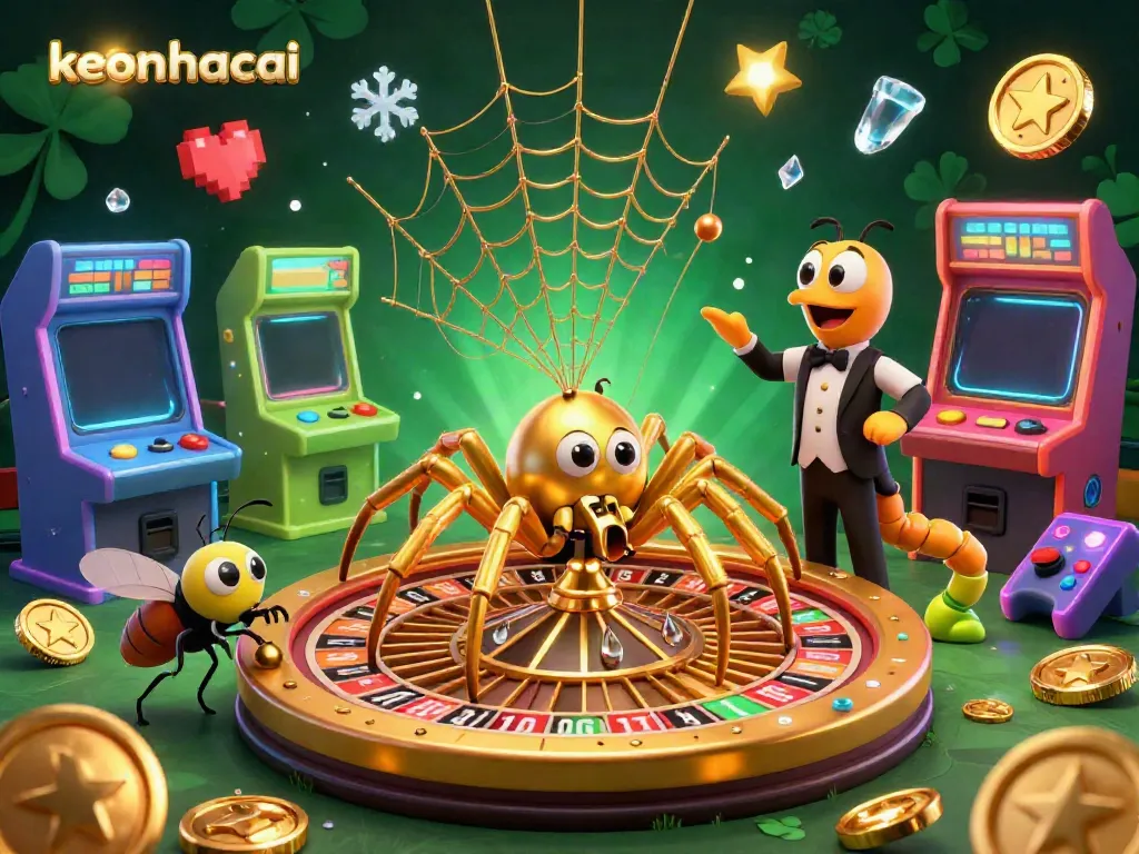 Experience thrilling bets with keonhacai in this engaging 3D casino scene featuring a golden spider and a centipede croupier.