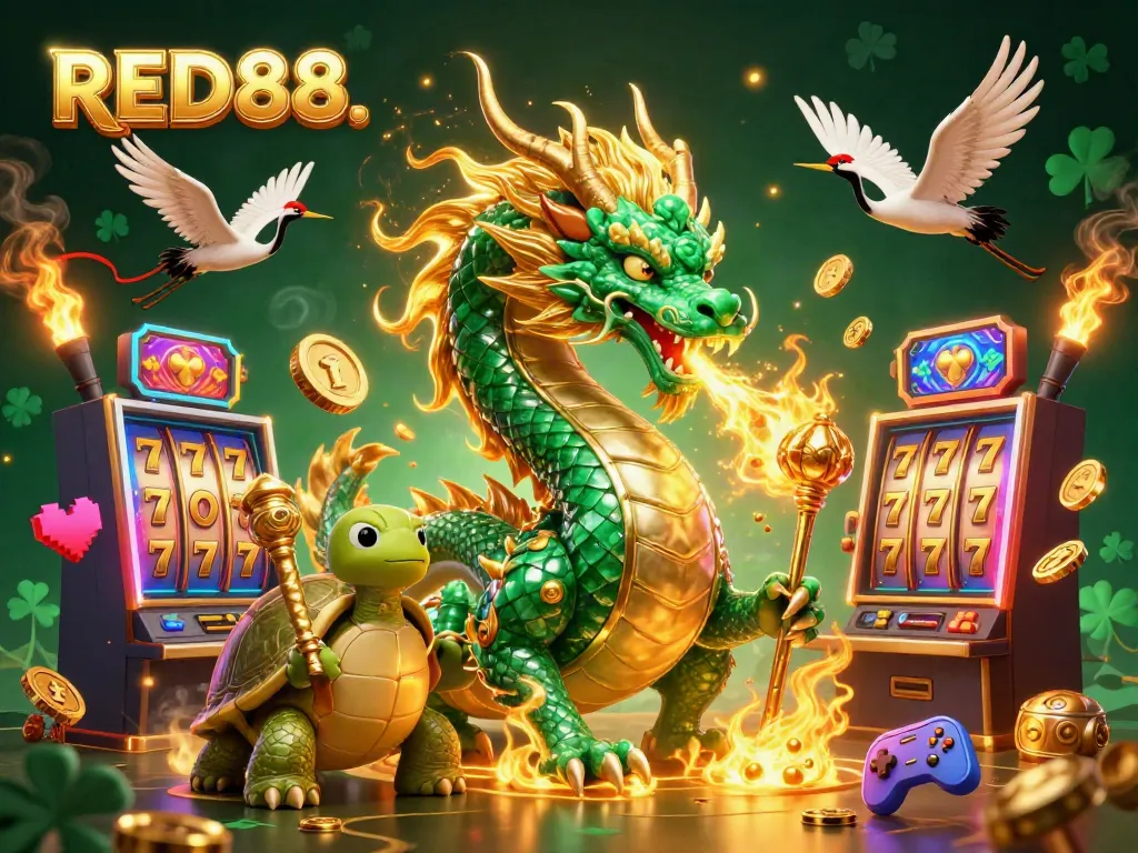 Experience the excitement of RED88 with a vibrant illustration of a jade dragon, mystical turtle, and lucky cranes amidst a lively casino atmosphere.