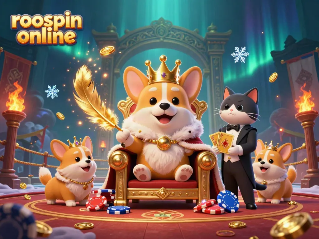 Experience the royal splendor of roospin online with a corgi king surrounded by casino elements.