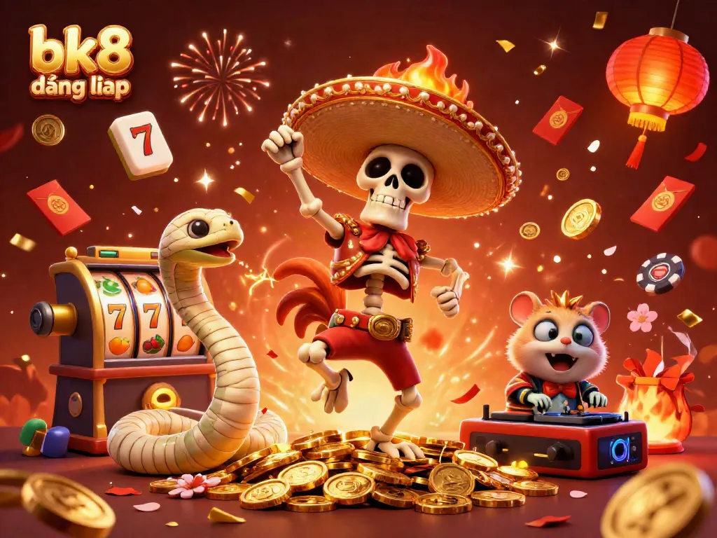 Experience excitement at bk8 đăng nhập with engaging casino characters celebrating amidst winning symbols and vibrant décor.