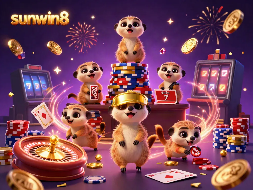 Experience thrilling gameplay with sunwin8, featuring a lively meerkat casino scene.