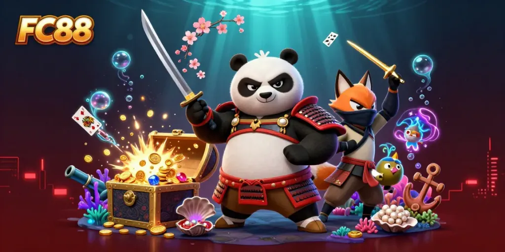 Engage in thrilling gameplay at FC88 with vibrant characters and dynamic casino elements.