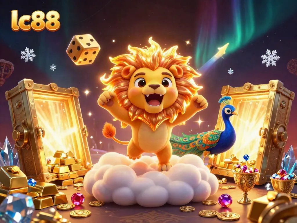 Win big at lc88 as a 3D cartoon sun lion roars triumphant among golden treasures and games.