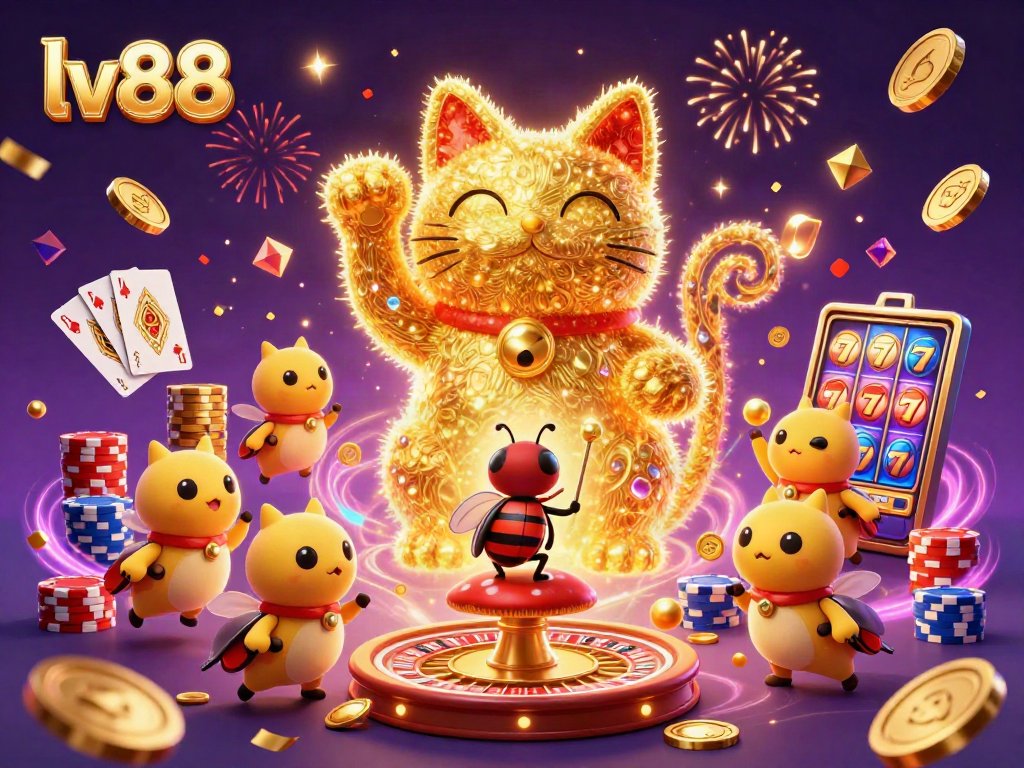 Experience the magic of lv88 with a giant lucky cat and sparkling, dynamic casino elements.
