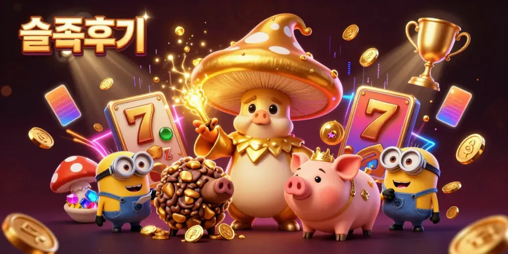 Engaging 슬롯후기 scene with a wizard, truffle pig, and gem-carrying minions surrounded by dynamic slot reel action.