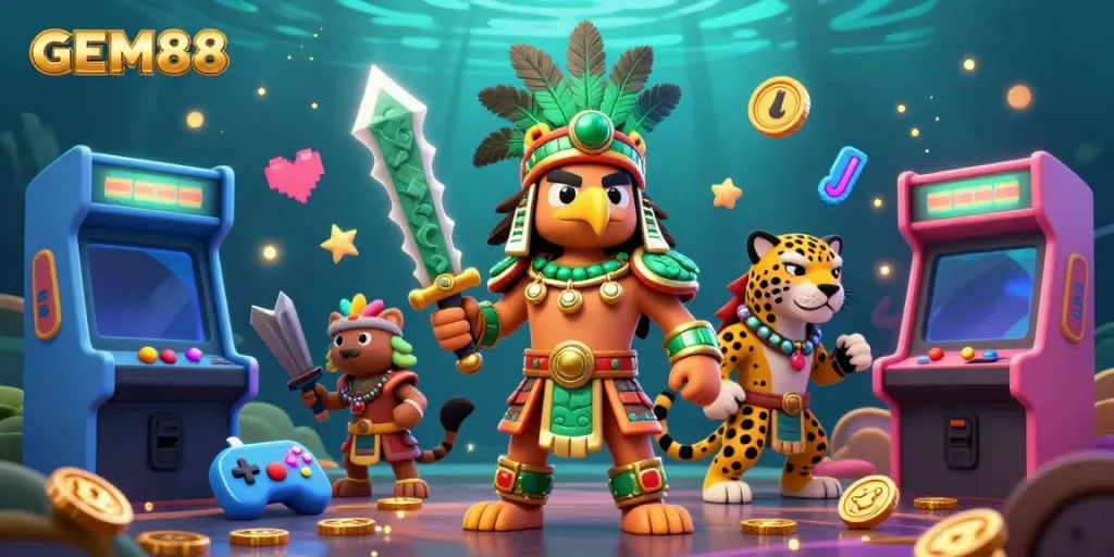 Play exciting games at GEM88 with a colorful scene featuring Aztec warriors amidst dynamic gaming elements.
