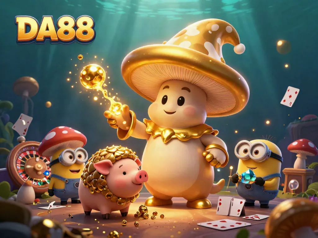 Experience the thrill of DA88 with a golden mushroom wizard in a vibrant live casino setting, featuring roulette and playing cards.