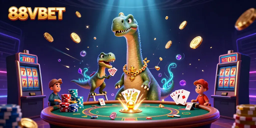 Engage with thrilling action at 88VBET, featuring a whimsical casino scene with a towering brontosaurus and dynamic gambling elements.