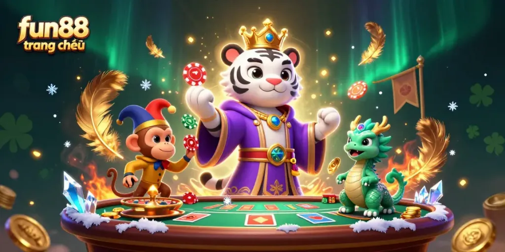 Engage with fun88 trang chủ's vibrant illustration of a casino experience featuring a tiger and monkey.