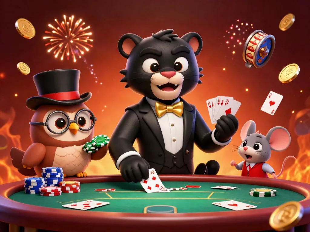 F8bet showcases a stylized black panther dealing cards, an owl with poker chips, and a mouse in a vibrant casino setting.