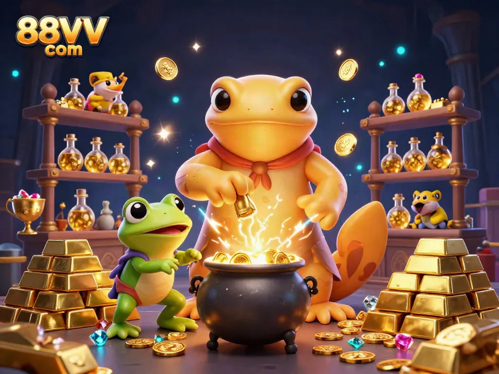 Experience the excitement of 88VV com with vibrant casino scenes featuring golden treasures and alchemical wonders.