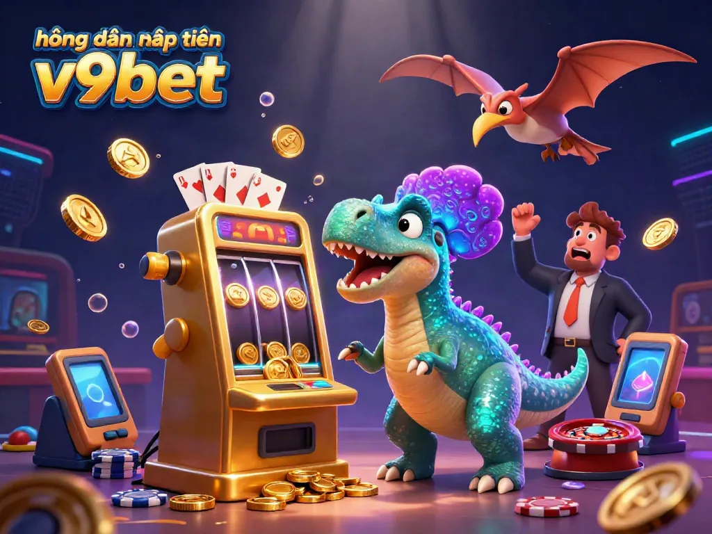 The vibrant scene illustrates hướng dẫn nạp tiền v9bet with a cartoon pachycephalosaurus activating a golden slot machine while coins fly, creating a high-energy casino atmosphere.