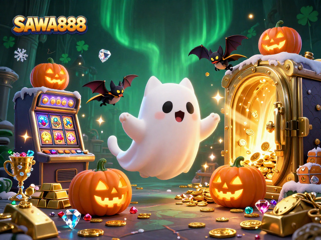 SAWA888 invites players to unlock treasures in slots with magical ghost cat and treasures surrounding them.