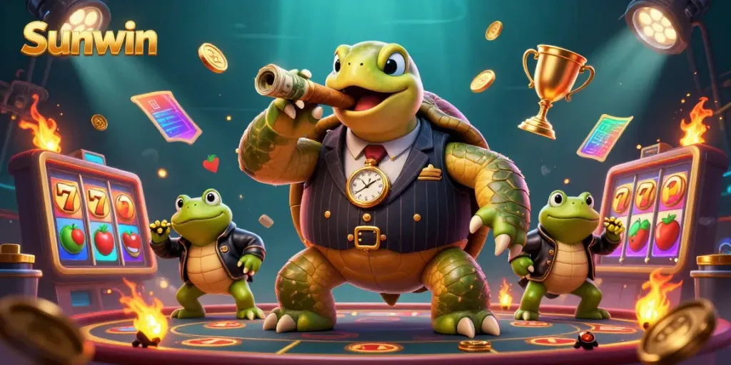 Sunwin's vibrant casino scene featuring a turtle mobster and bullfrog enforcers with dynamic slot elements.