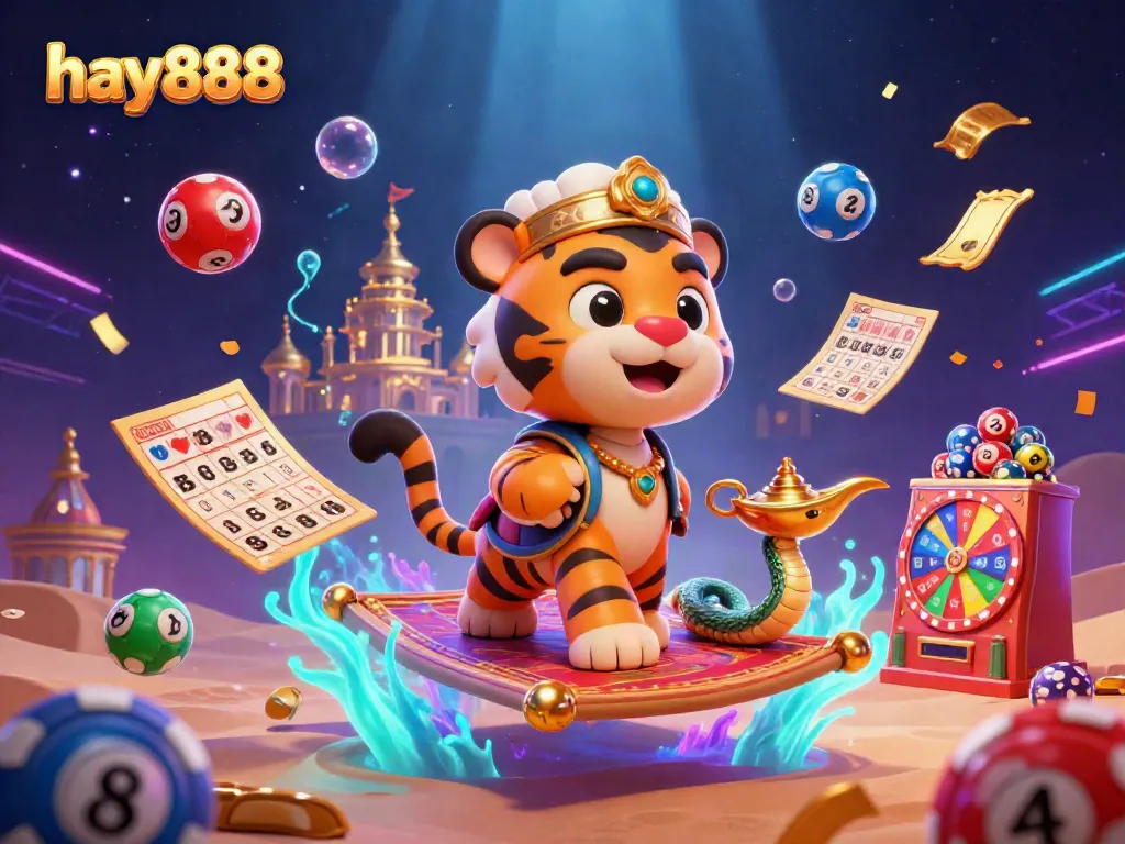 Experience thrilling excitement with hay888 in a vibrant Arabian Nights casino scene featuring a tiger sultan.