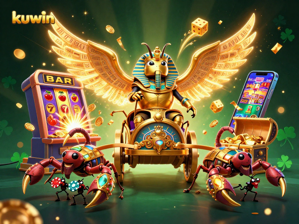 Kuwin's golden beetle rides in a vibrant casino scene filled with jackpots and festive elements.