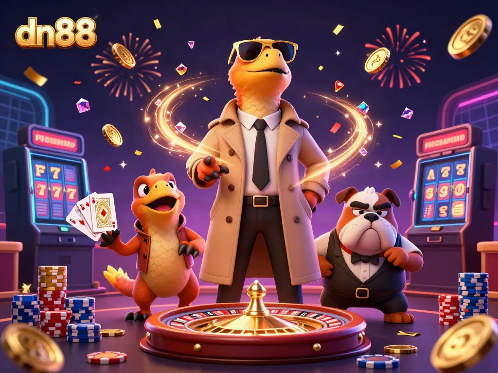 Experience the thrill of dn88 casino with playful raptors dressed in a trench coat amidst cascading coins and golden glamour.