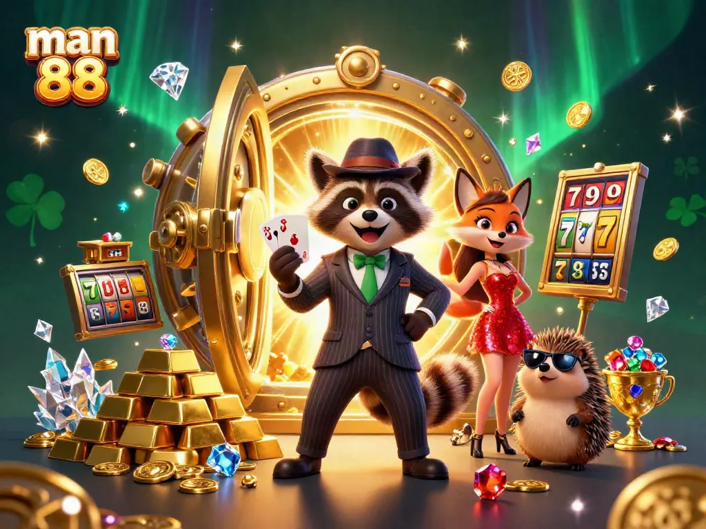 Experience thrilling gaming with man 88, featuring raccoon, fox, and hedgehog in a vibrant casino scene.
