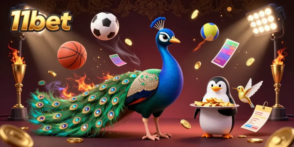 Experience thrilling gaming action with the 11bet mascot characters in a vibrant casino environment.