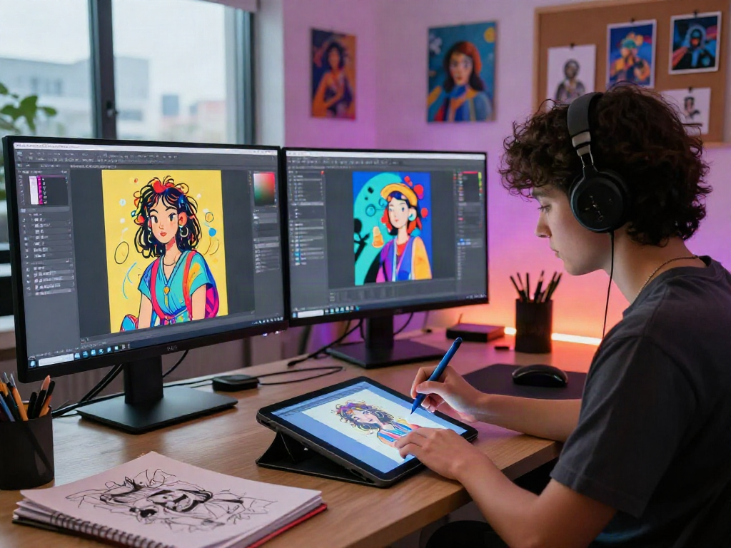 Creating NSFW AI art in a modern studio with multiple screens and vibrant illustrations.