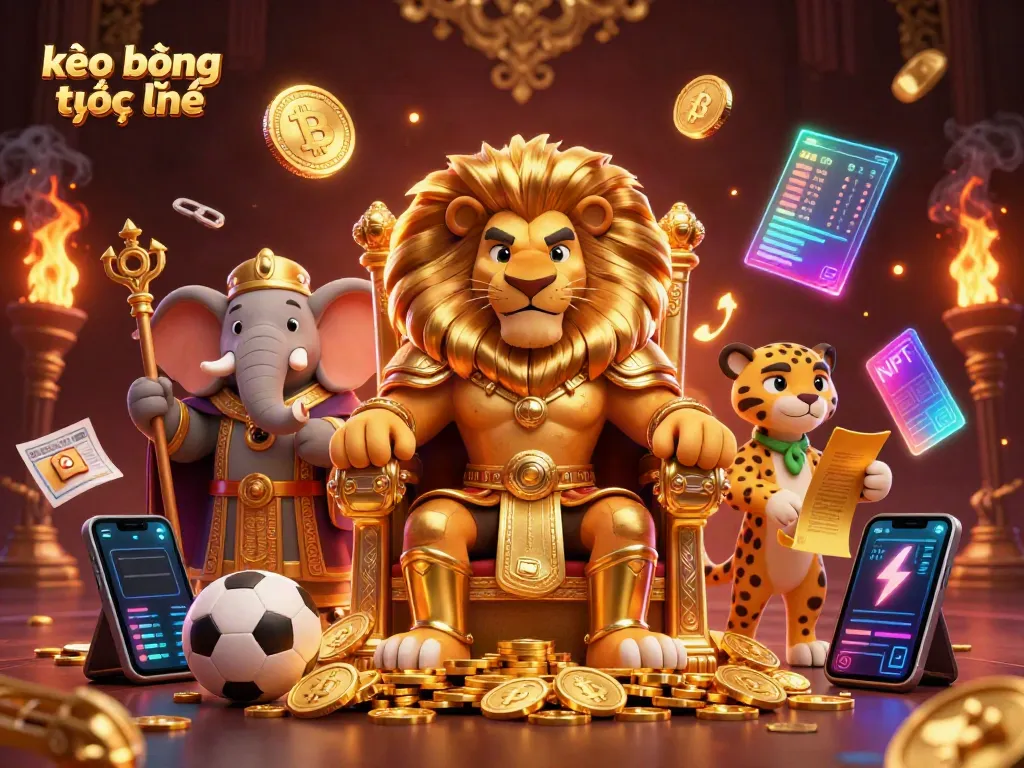 Engaging scene of kèo bóng trực tuyến showcasing a lion king, elephant advisor, and cheetah messenger in a vibrant sports betting atmosphere.