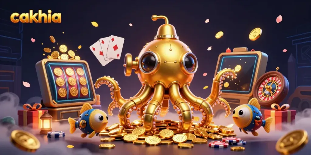 Cakhia illustrates a dynamic casino scene with a golden kraken submarine and colorful slot game elements.