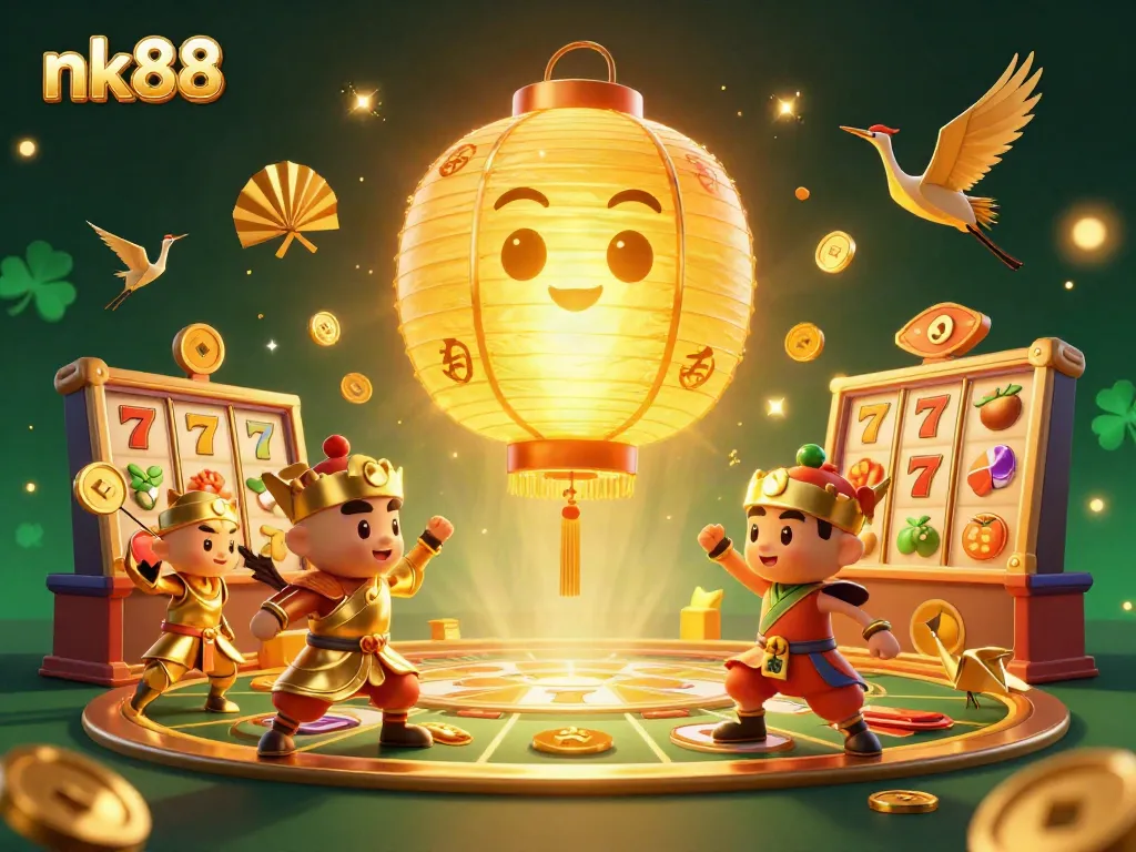 Engage with nk88's vibrant casino world featuring glowing lantern spirits and dynamic slot game elements.