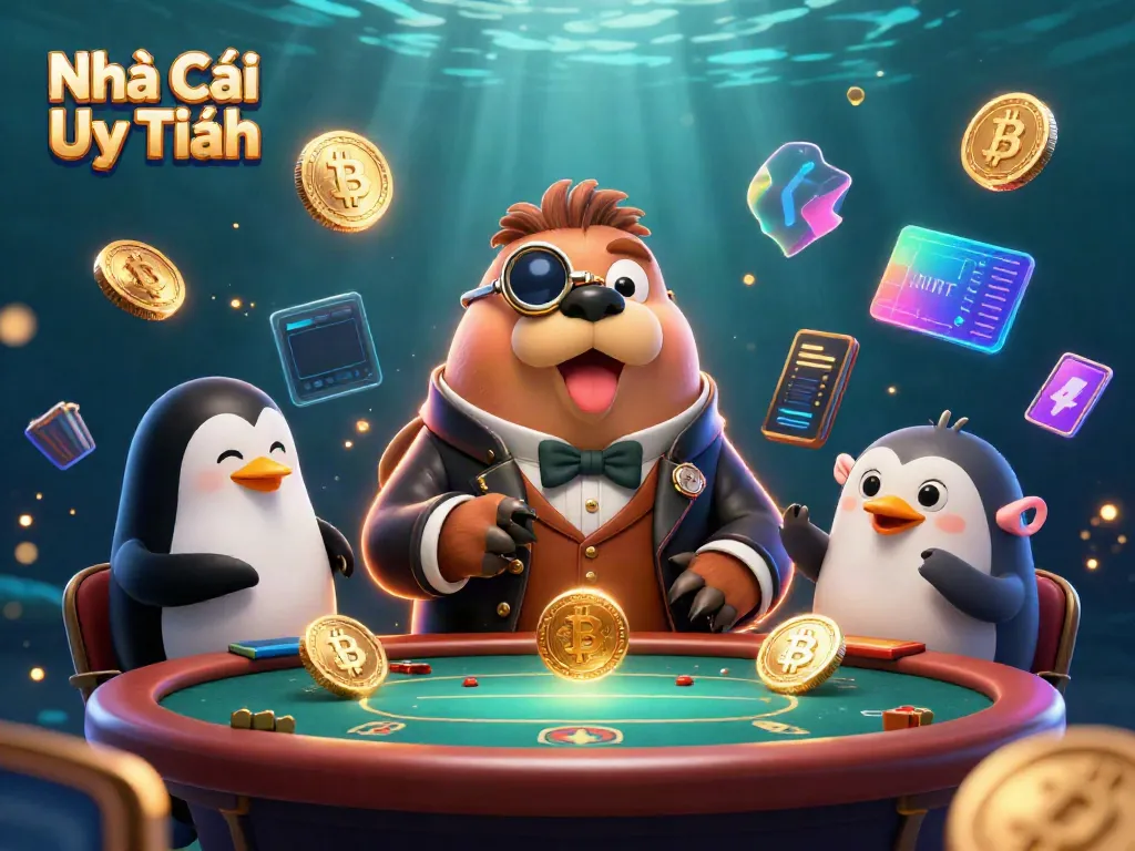 A dynamic underwater poker scene featuring a jolly walrus, a penguin dealer, and a pufferfish bluffing, showcasing Nhà Cái Uy Tín.