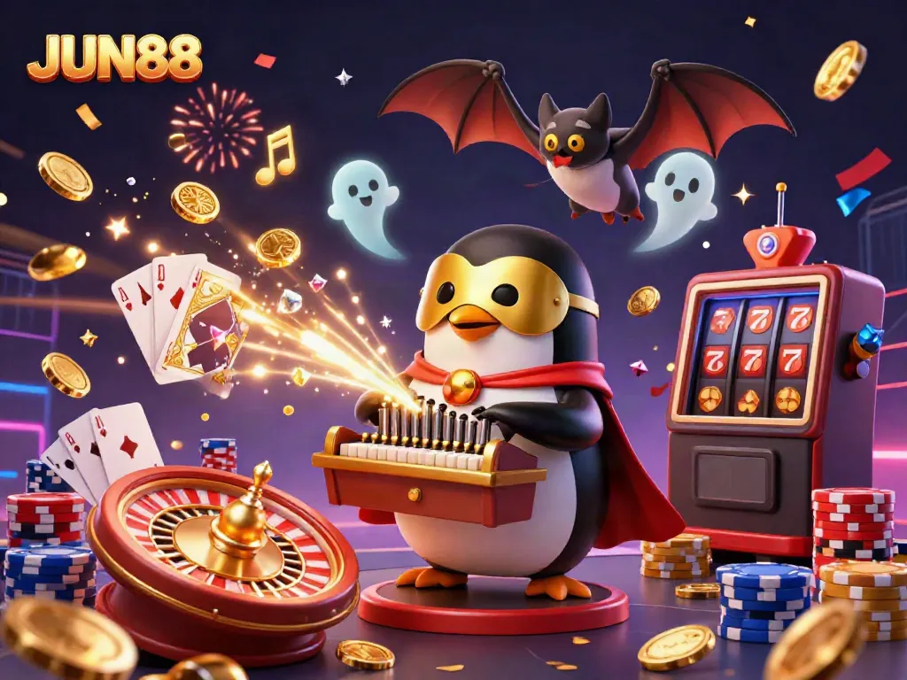 Play with excitement at JUN88 featuring a thrilling casino scene with coins, cards, and vibrant characters.