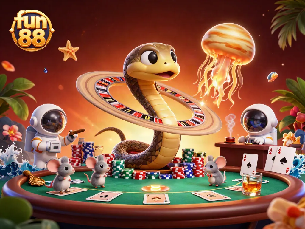 Experience fun 88 with a vibrant casino scene featuring cosmic betting and iconic game elements.