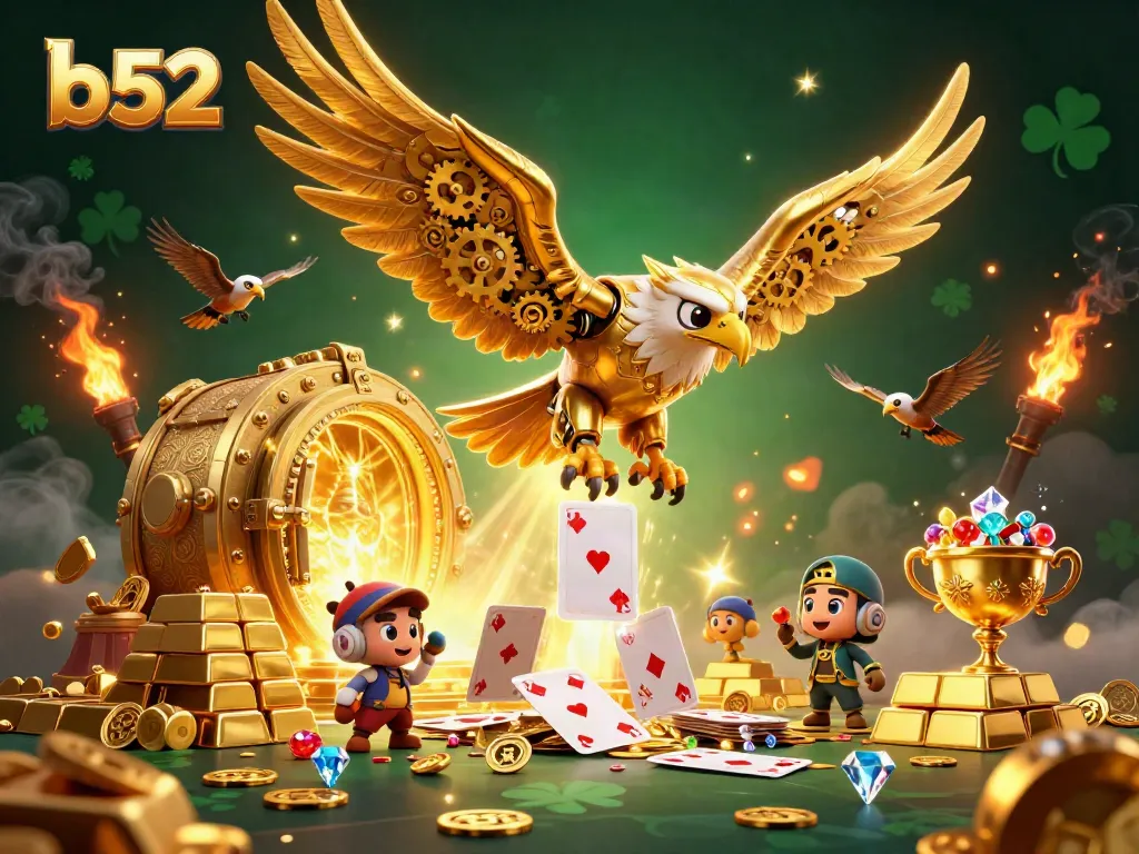 Experience thrilling wins with b52 as a cybernetic eagle navigates a dazzling treasure-filled casino world.