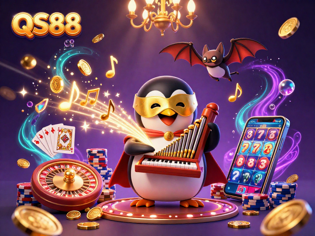 Experience the thrill of QS88 with a captivating 3D scene of a penguin playing a golden organ amidst coins and casino elements.