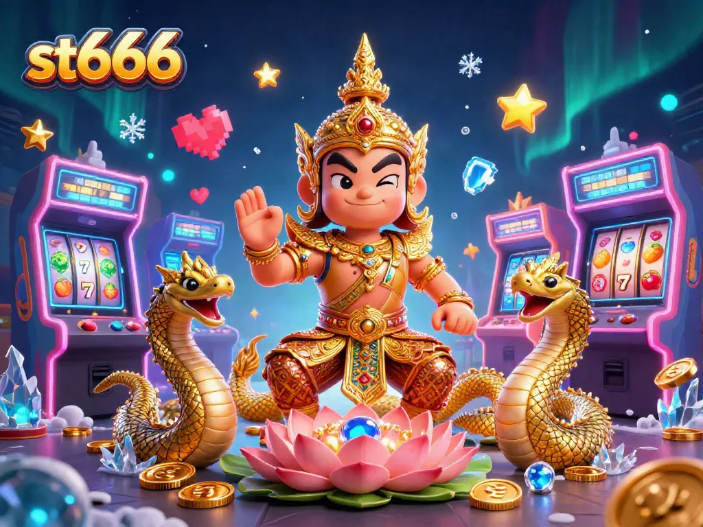 Play at st666 casino with vibrant slots and characters in a captivating 3D illustration.