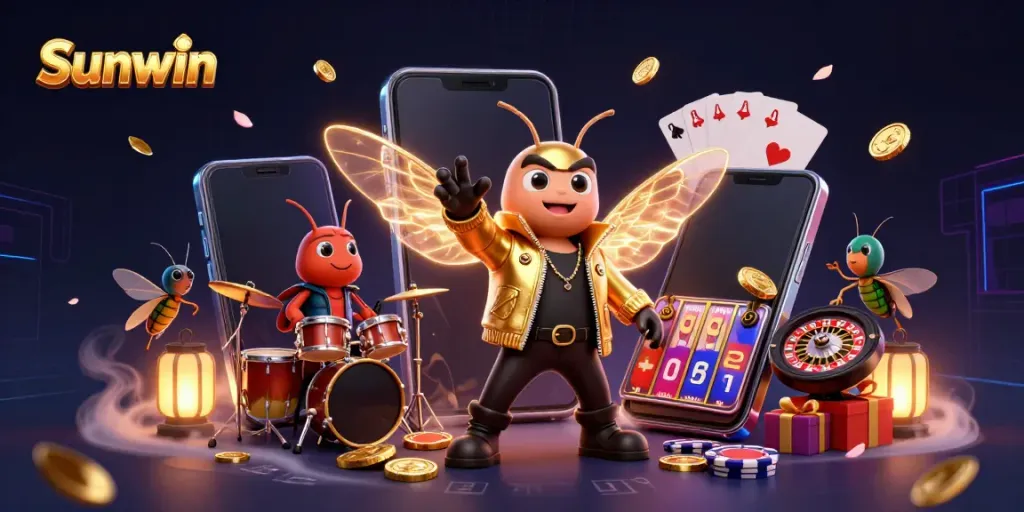 Experience the excitement of Sunwin as a cartoon cicada rock star performs amid dynamic casino elements.