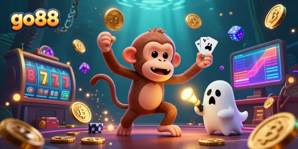 Experience the thrill of go88 as a poltergeist monkey juggles coins in a haunted casino scene