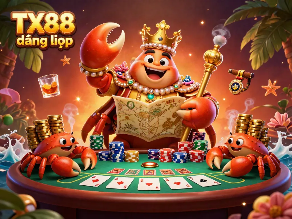 Engage with TX88 đăng nhập at a vibrant casino setting featuring a golden crab emperor amidst poker chips and cards.