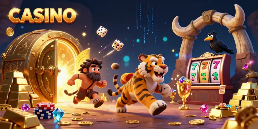 Experience the thrill of a prehistoric casino with stone poker chips and neon lights.