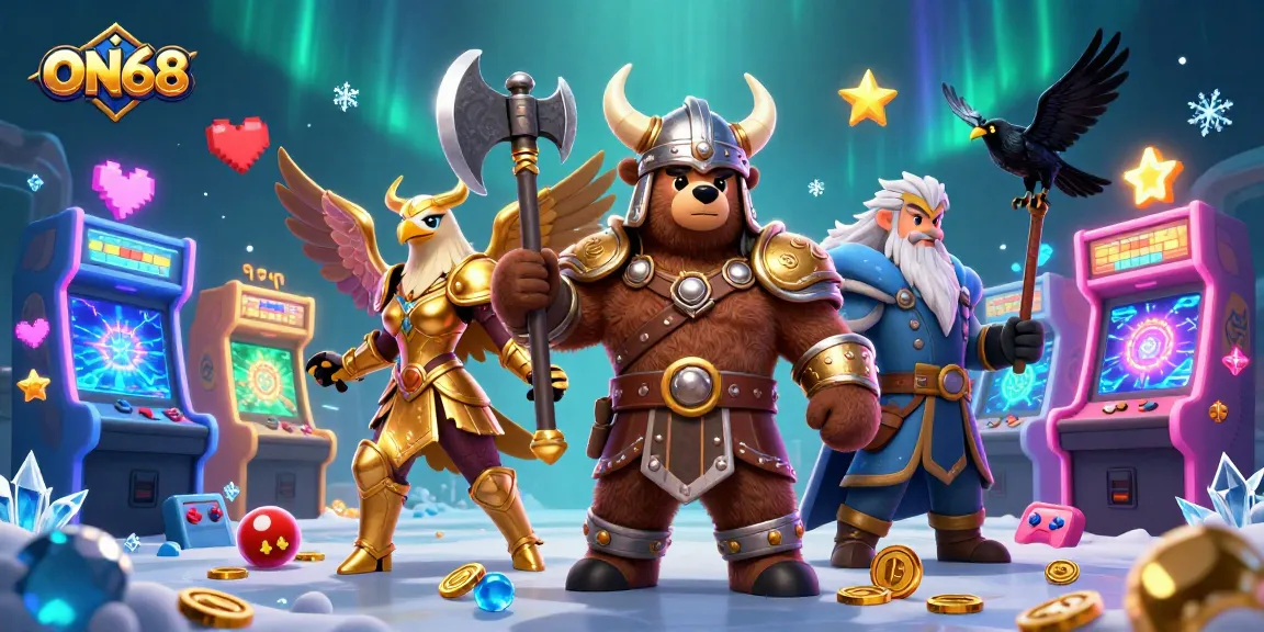 Engage in vibrant gaming at ON68 with colorful arcade elements and a dynamic Viking scene.