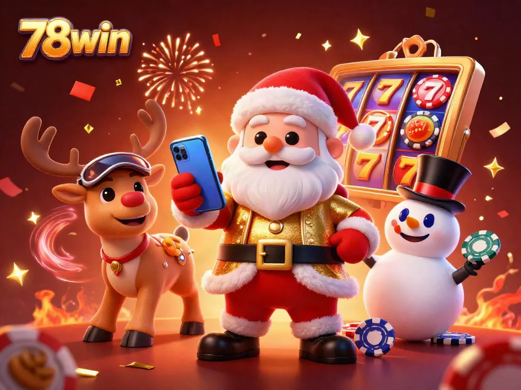Experience exciting jackpots with 78win, illustrated by a vibrant casino scene featuring Santa and friends.