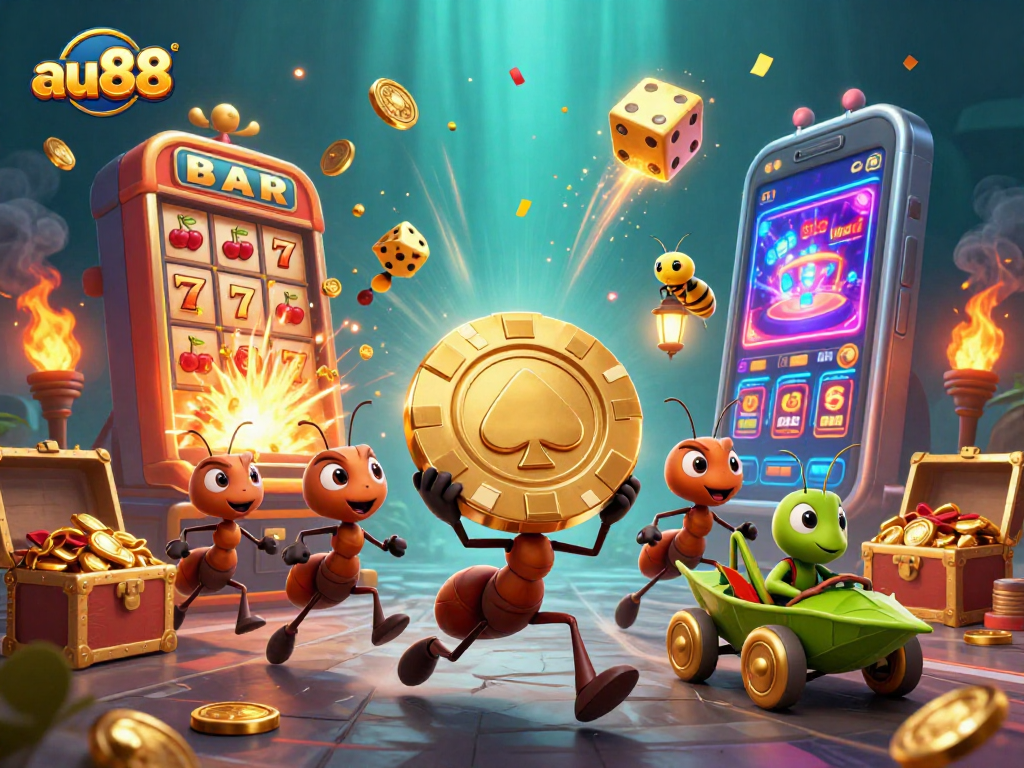 Engage in thrilling heist action with au88 as ants escape with a giant poker chip amid a casino explosion.