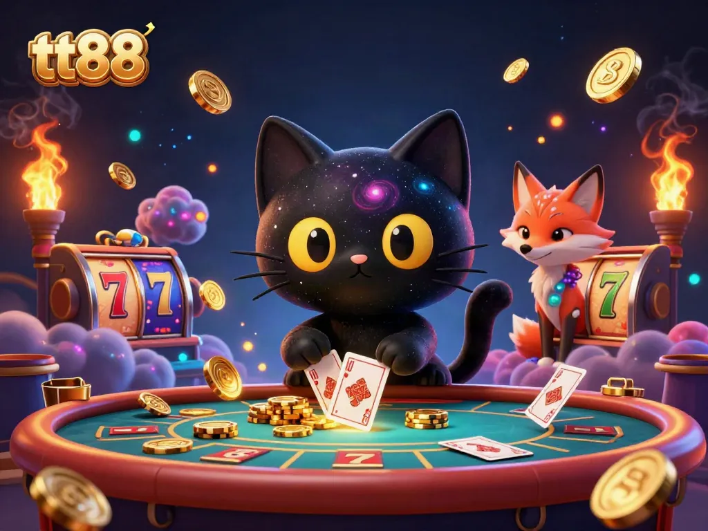 Witness the captivating tt88 casino scene as a cosmic black hole cat draws in golden chips and cards.