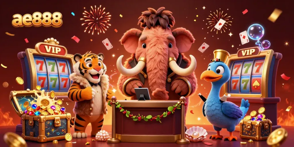 Experience thrilling gameplay at ae888's vibrant casino with a woolly mammoth bouncer and dynamic characters.