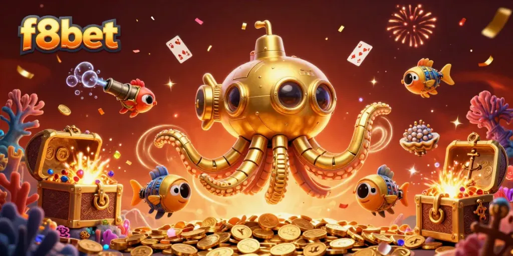 Celebrate big wins at f8bet with our dynamic 3D illustration of a kraken submarine surrounded by treasures.