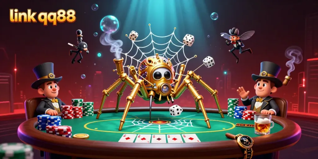 Immerse in the lively scene of link qq88, showcasing casino characters and elements, illustrating thrilling gaming experiences.