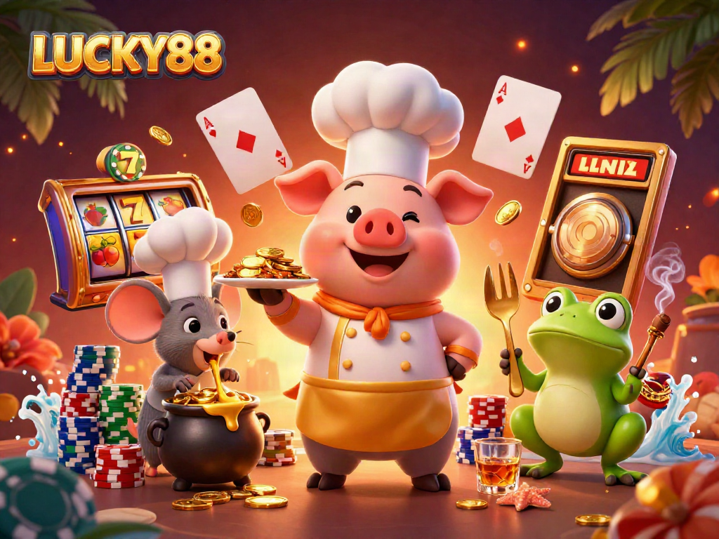 Spin the reels and win gold with LUCKY88 in this vibrant casino scene illustration.