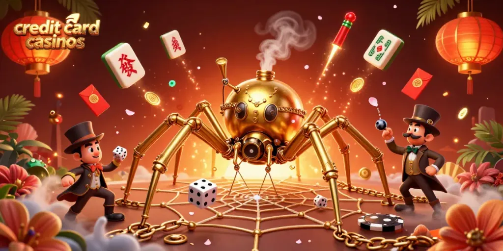 Engaging scene of credit card casinos with 3D spider and fly amidst gaming symbols and vibrant decorations