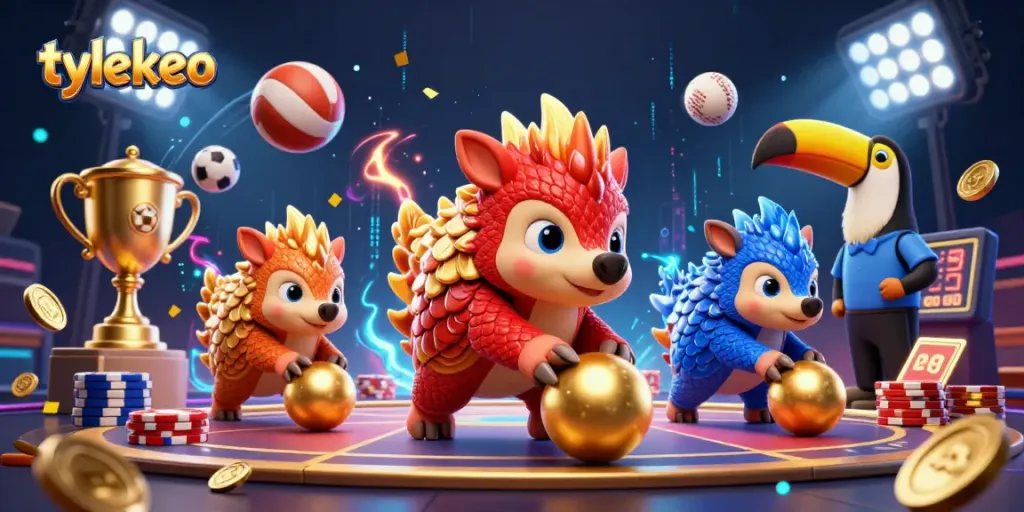 Engage with tylekeo's thrilling sports betting scene featuring rival pangolins rolling through poker chips amidst colorful game elements.