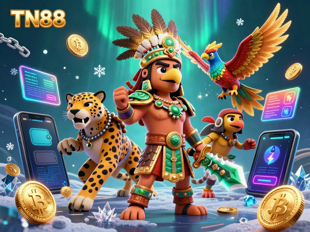 Engage in vibrant TN88 casino action with Aztec warriors among dazzling crypto elements.