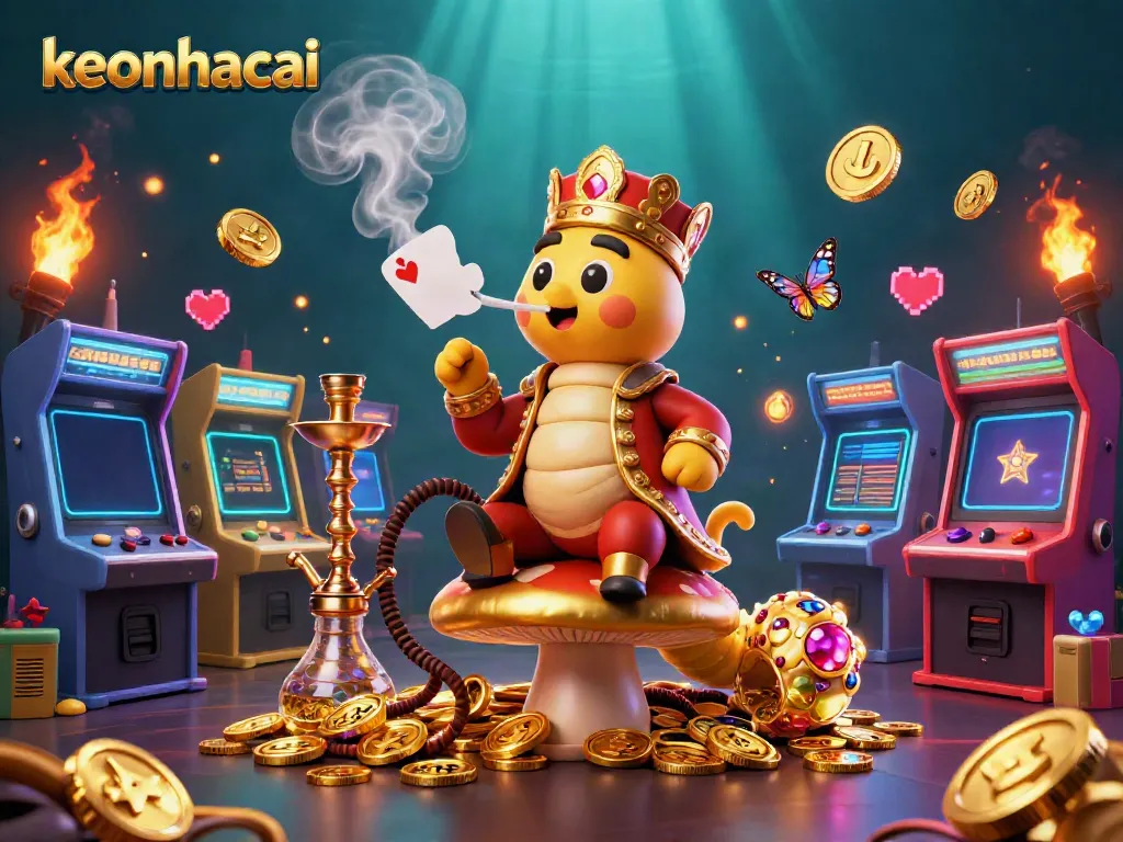 Engage in keonhacai with a vibrant cartoon scene featuring a caterpillar master on a mushroom throne, embodying the excitement of casino gaming.