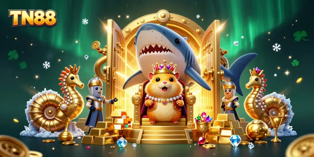Win big at TN88 with a thrilling casino scene featuring riches, a hamster king, and mystical elements.